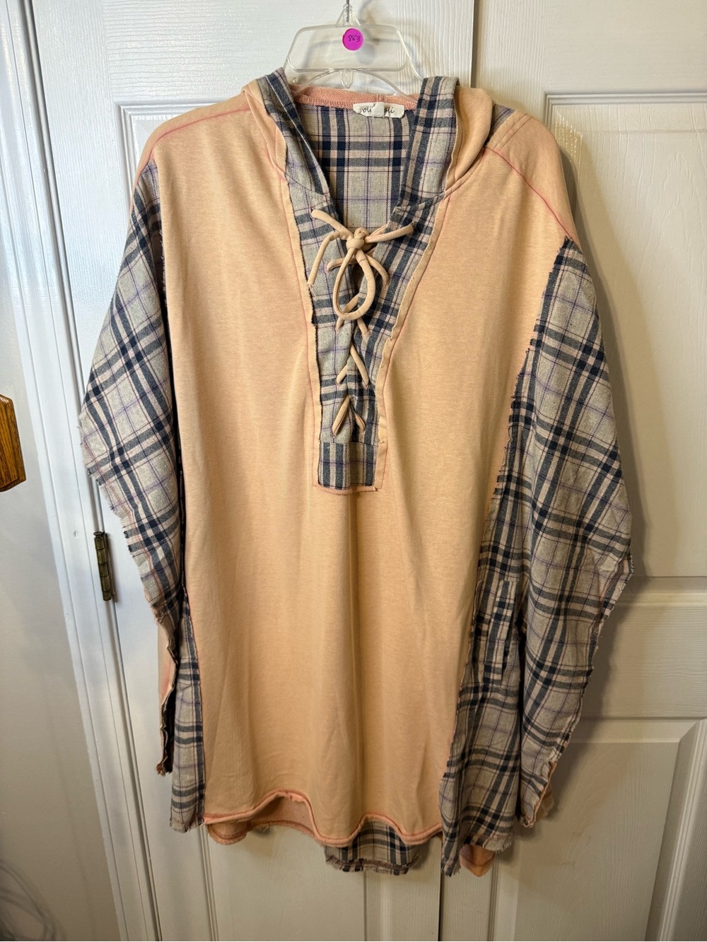 Oli & Hali Peach Hooded Lace-Up Plaid Sleeve Tunic